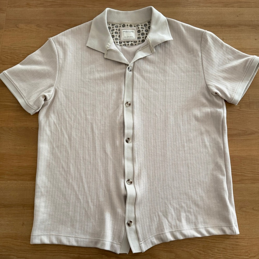 Denim & Flower Ricky Singh Mens XL Beige Textured Ribbed Camp Collar Shirt‎